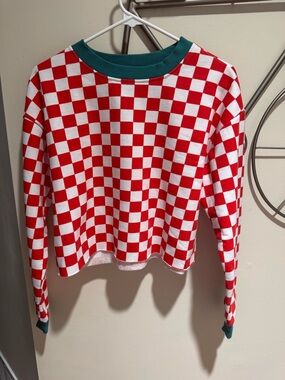Forever 21 Red & White Checkerboard Sweater with Green Trim Cropped Size M Retro